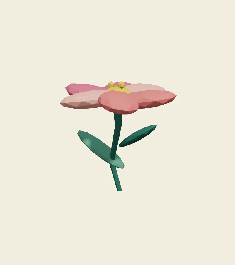 Coral and pink faceted petals around a golden centre on a green stem.