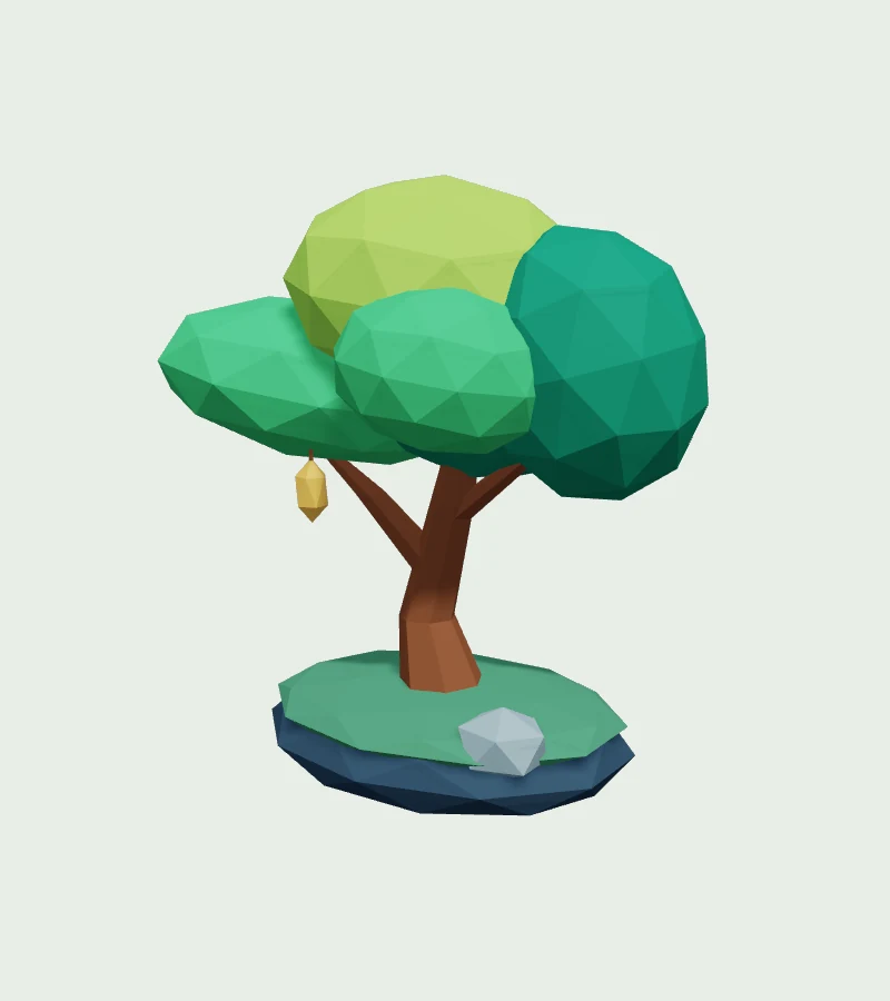 Jade, mint and lime tree canopy on a moss-covered floating stone island.