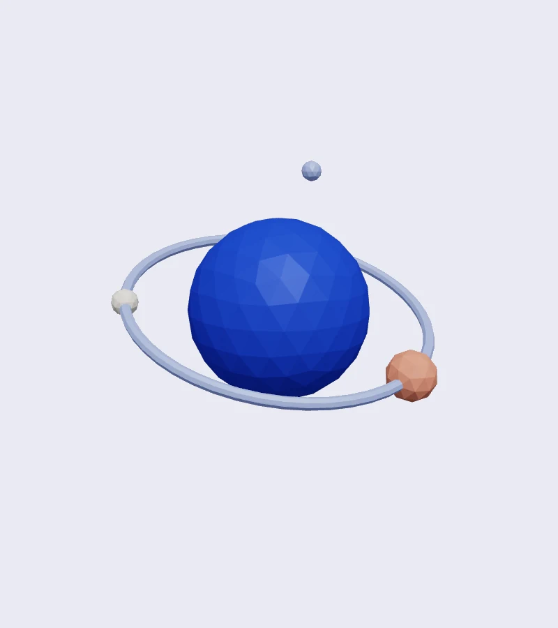 Faceted cobalt planet encircled by a silver-blue ring and three small moons.