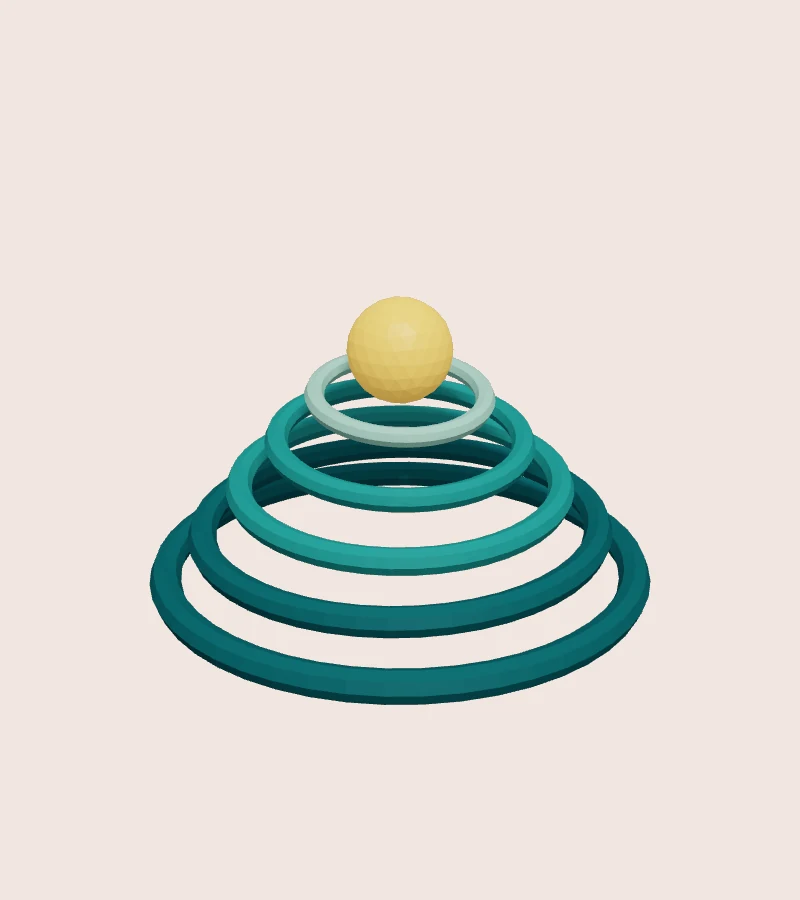 Five sea-green circular ripples rising toward a small golden sphere.