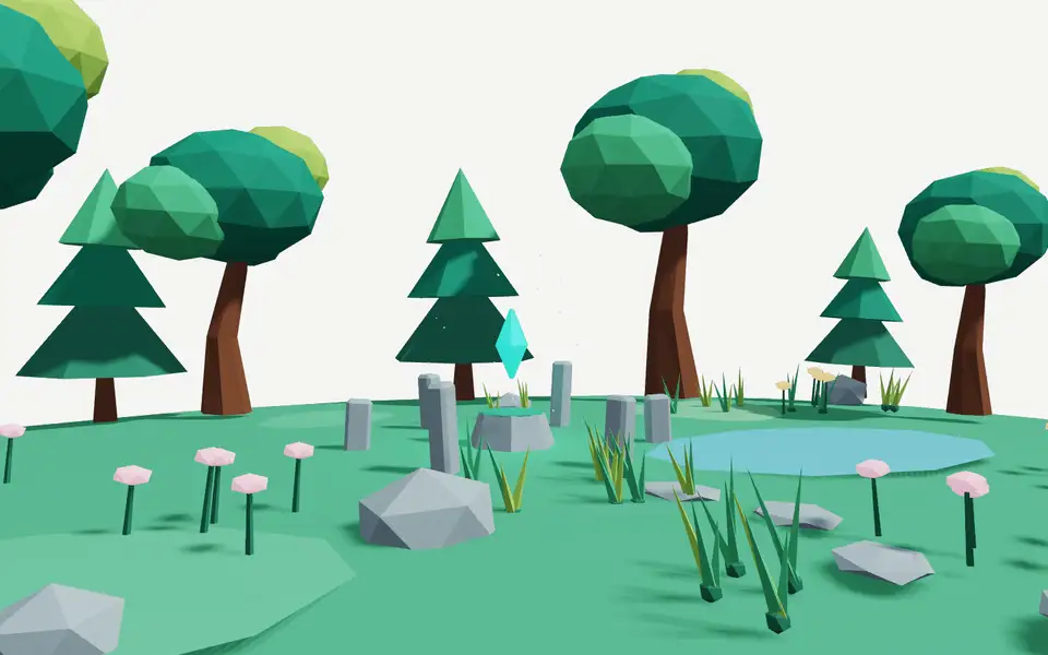 A floating meadow with trees, flowers, a pond and a glowing shrine