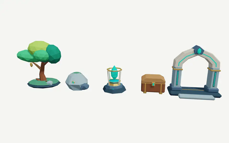 Five coherent low-poly props: a tree, a gate, a lantern, a rock and a chest